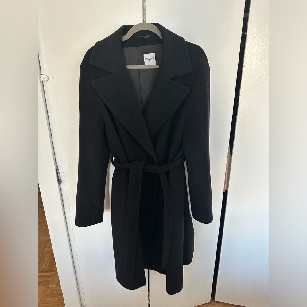 Cinzia Rocca Due wool cashmere black belted long coat jacket size 12 - Picture 3 of 8